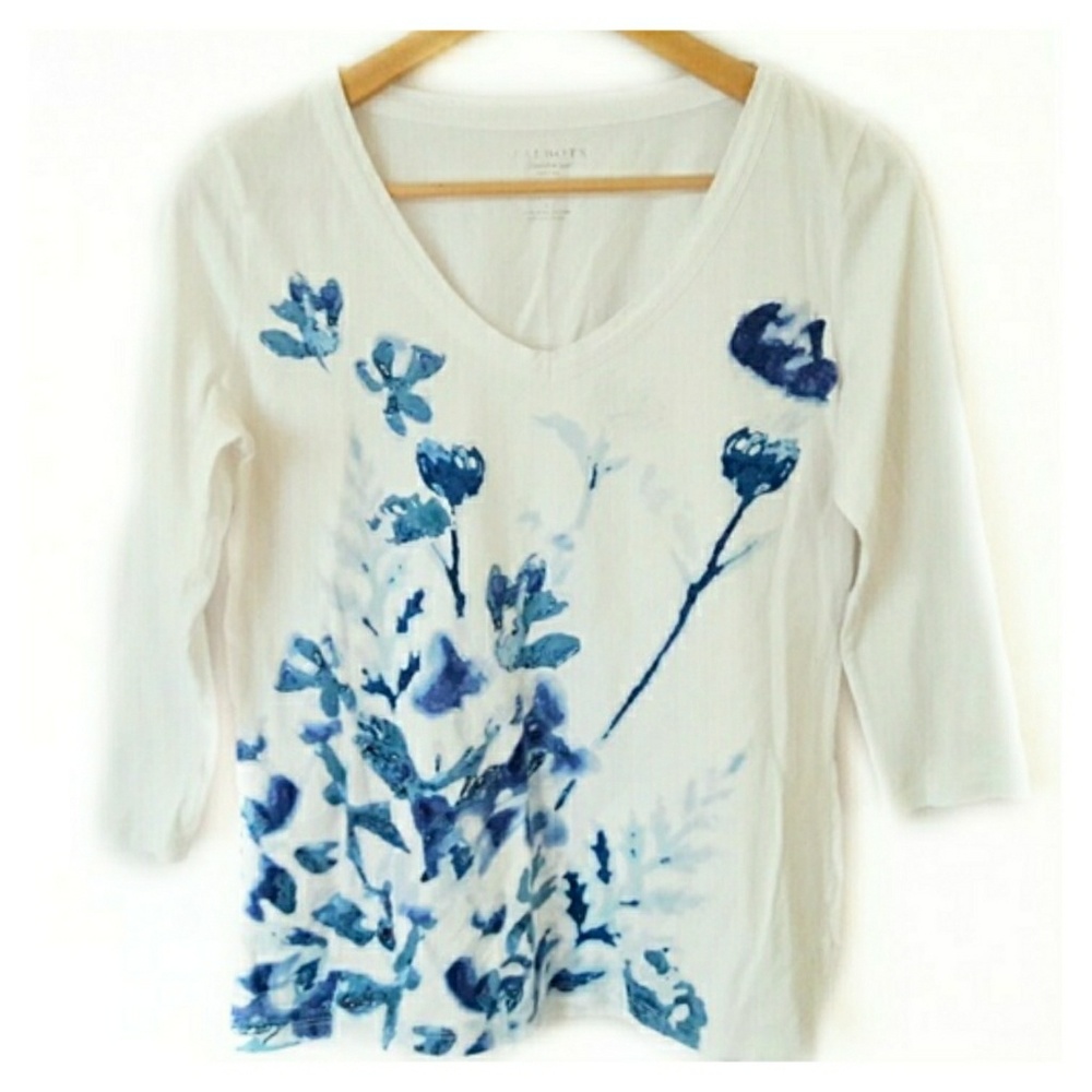 Talbots V-Neck Floral Graphic 3/4 Sleeve Tee Sz S